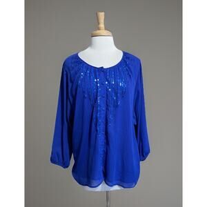 BOB MACKIE Women's L Royal Blue Sequins Double Layer Chiffon Blouse Casual Dress